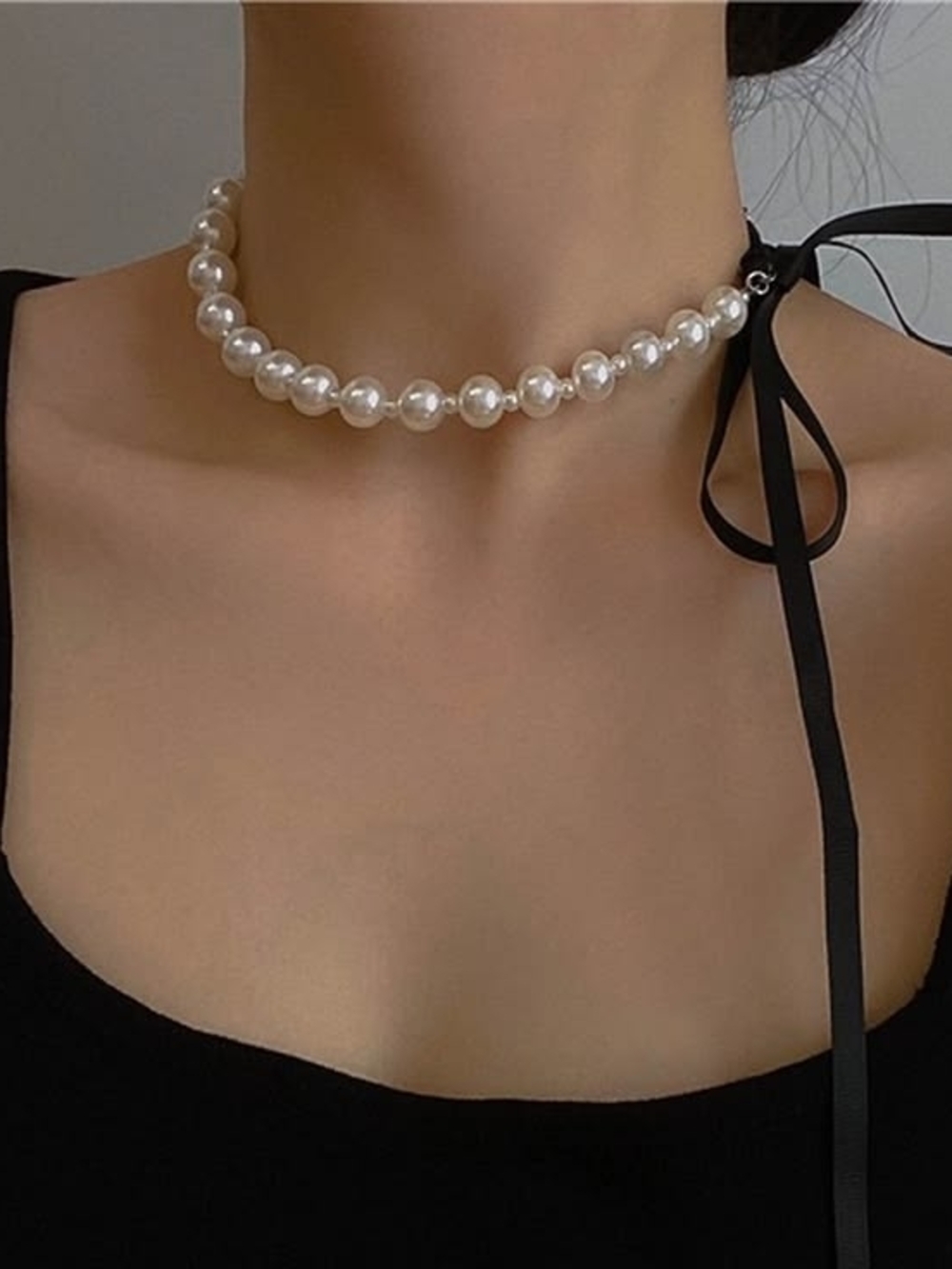 Classic Pearl Choker Necklace with Black Ribbon